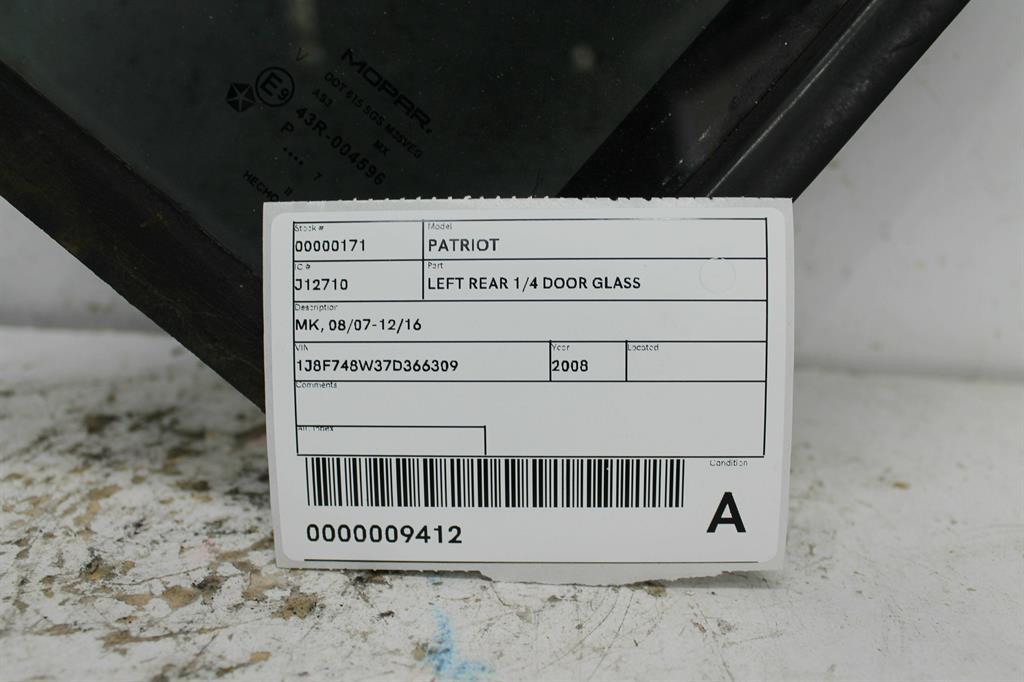 2008 Jeep Patriot Left Rear 1/4 Door Glass View Auto part Left Rear 1/4 Door Glass Jeep Patriot 2008