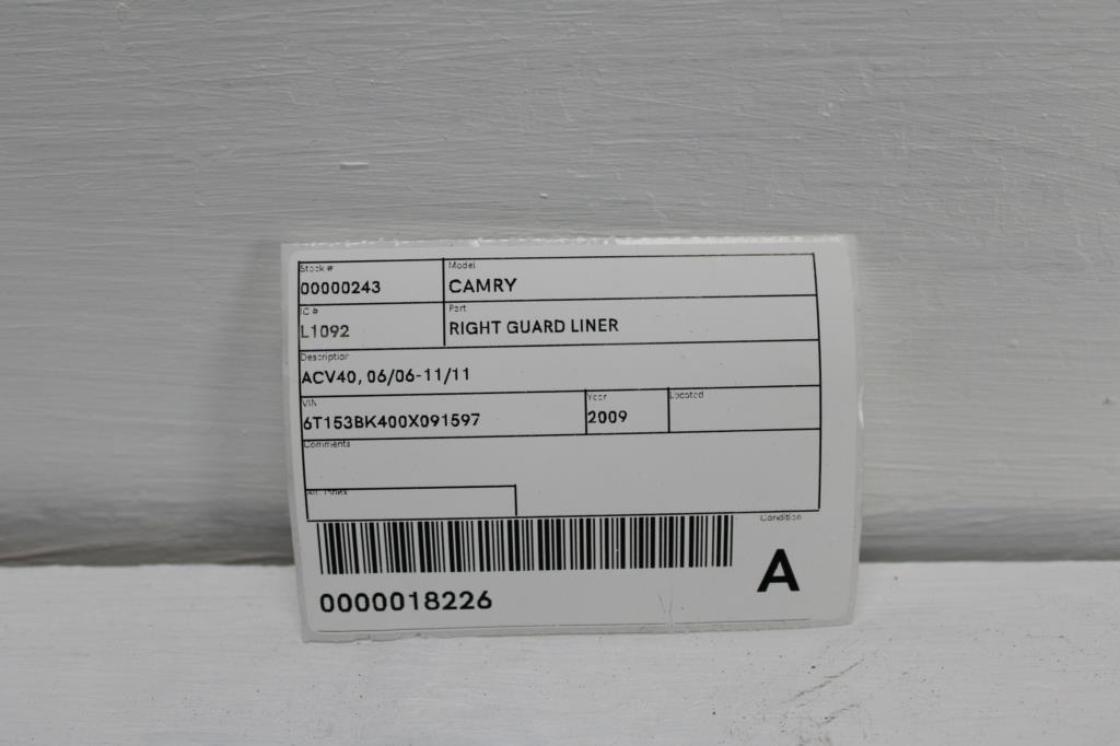 2009 Toyota Camry Right Guard Liner View Auto part Right Guard Liner Toyota Camry 2009