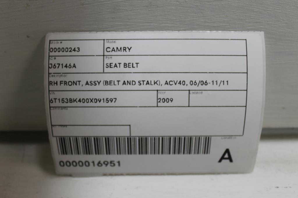 View Auto part Seatbelt/Stalk Toyota Camry 2009