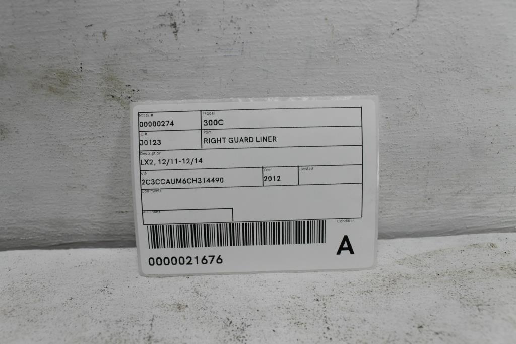 View Auto part Right Guard Liner Chrysler 300c 2012