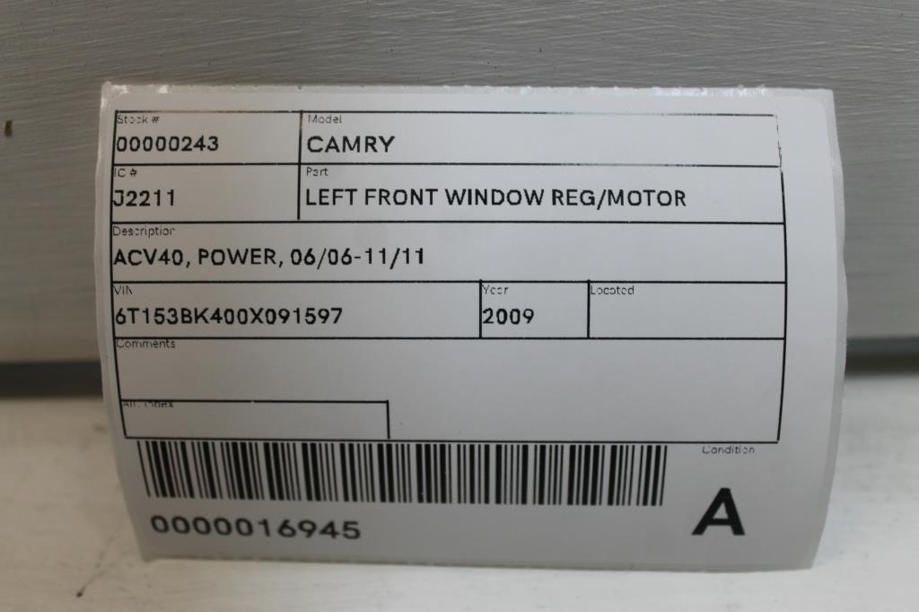 2009 Toyota Camry Left Front Window Reg/Motor View Auto part Left Front Window Reg/Motor Toyota Camry 2009