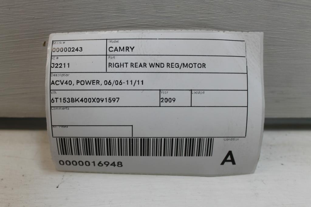 View Auto part Right Rear Wnd Reg/Motor Toyota Camry 2009