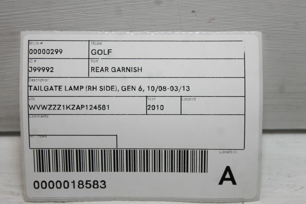 2010 Volkswagen Golf Rear Garnish View Auto part Rear Garnish Volkswagen Golf 2010